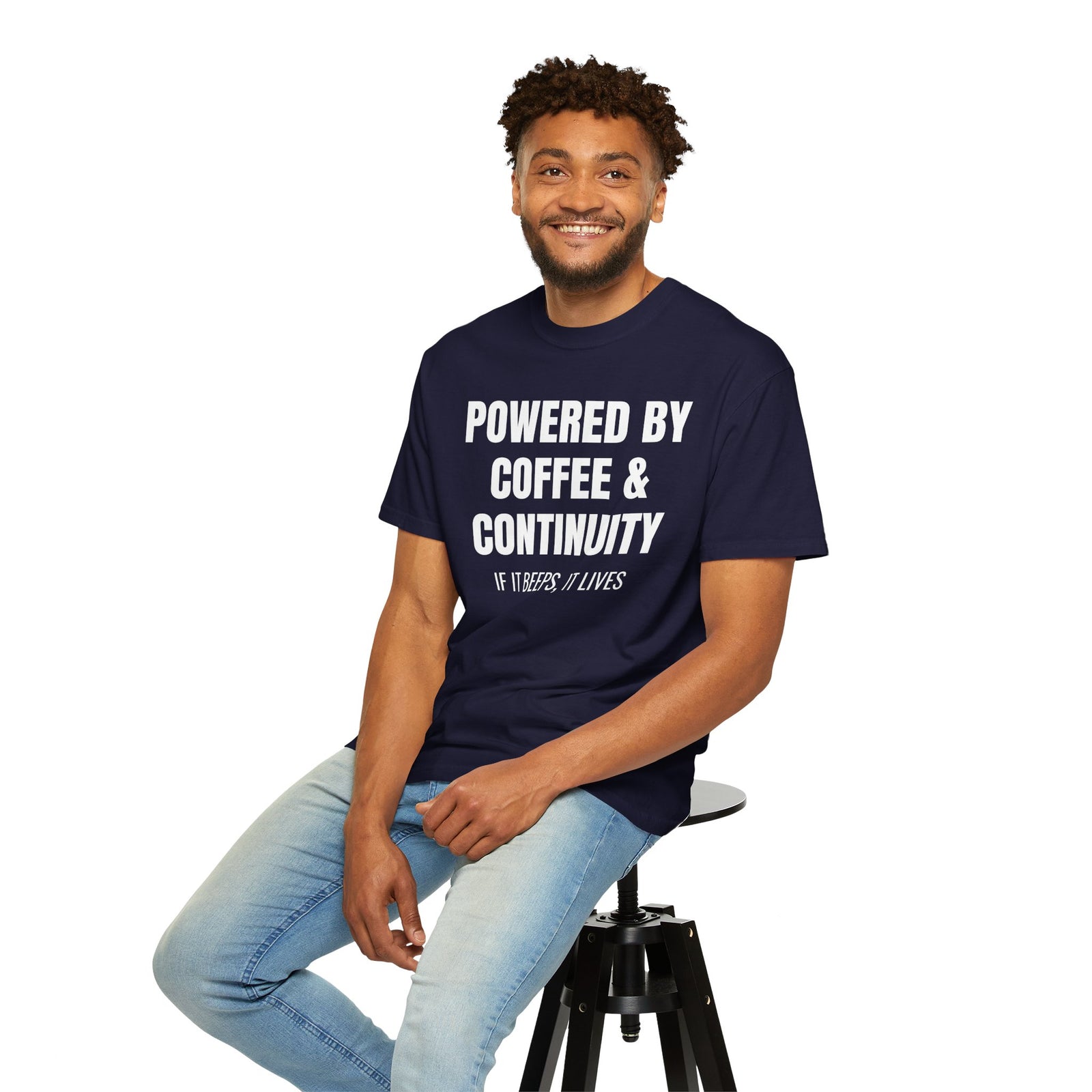 Powered by Coffee and Continuity Shirt – Funny Electronics Repair T-Shirt