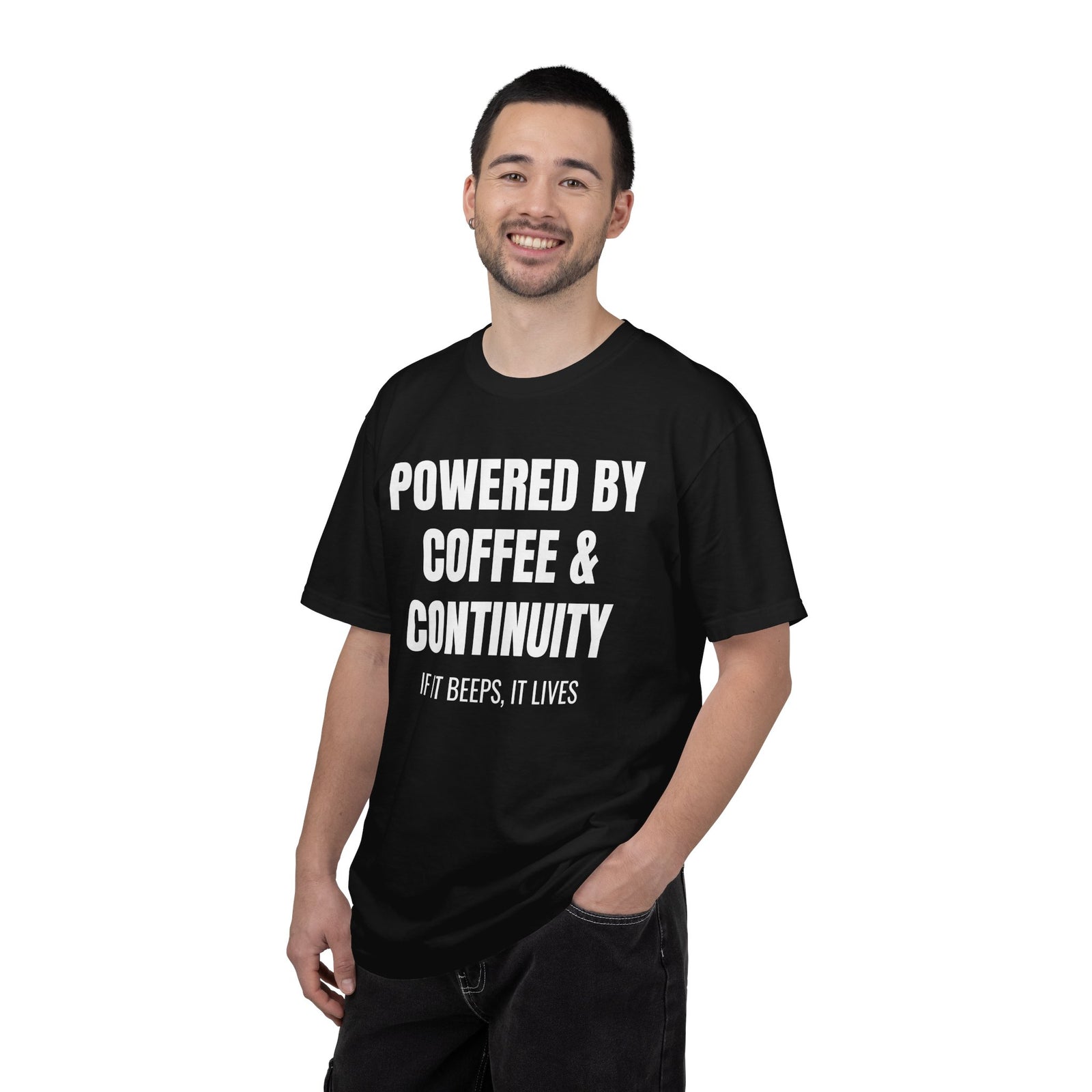 Powered by Coffee and Continuity Shirt – Funny Electronics Repair T-Shirt