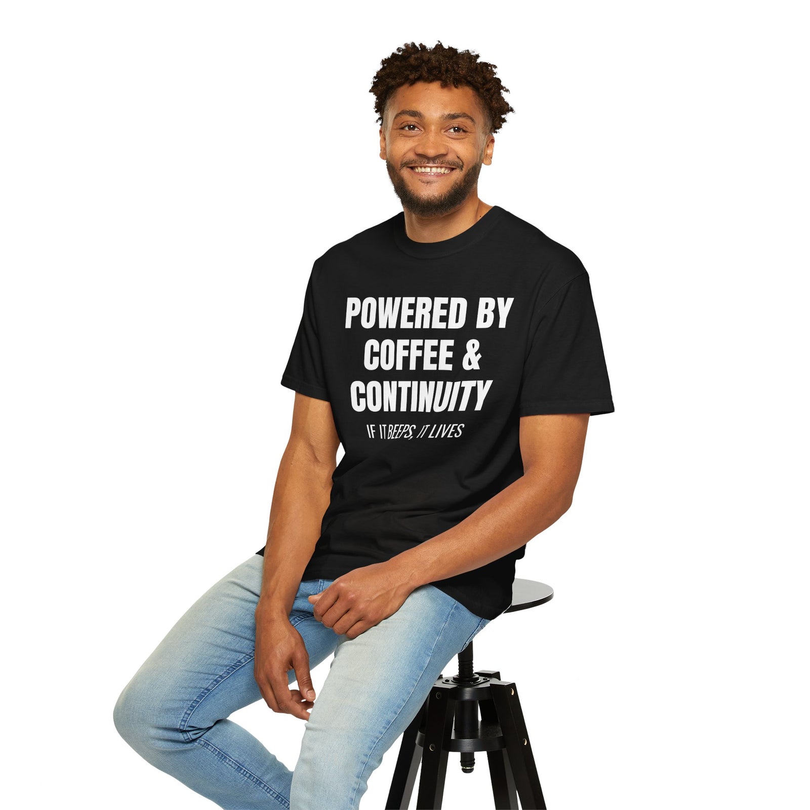 Powered by Coffee and Continuity Shirt – Funny Electronics Repair T-Shirt
