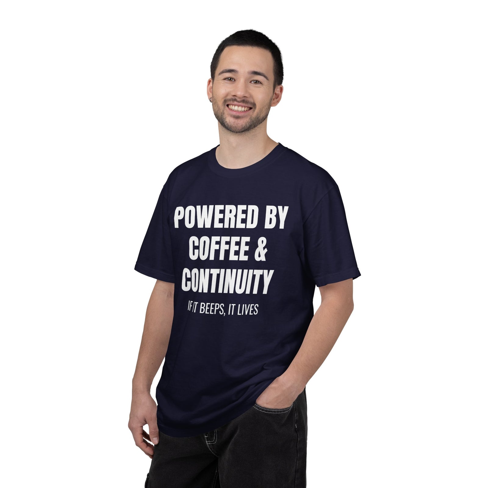 Powered by Coffee and Continuity Shirt – Funny Electronics Repair T-Shirt