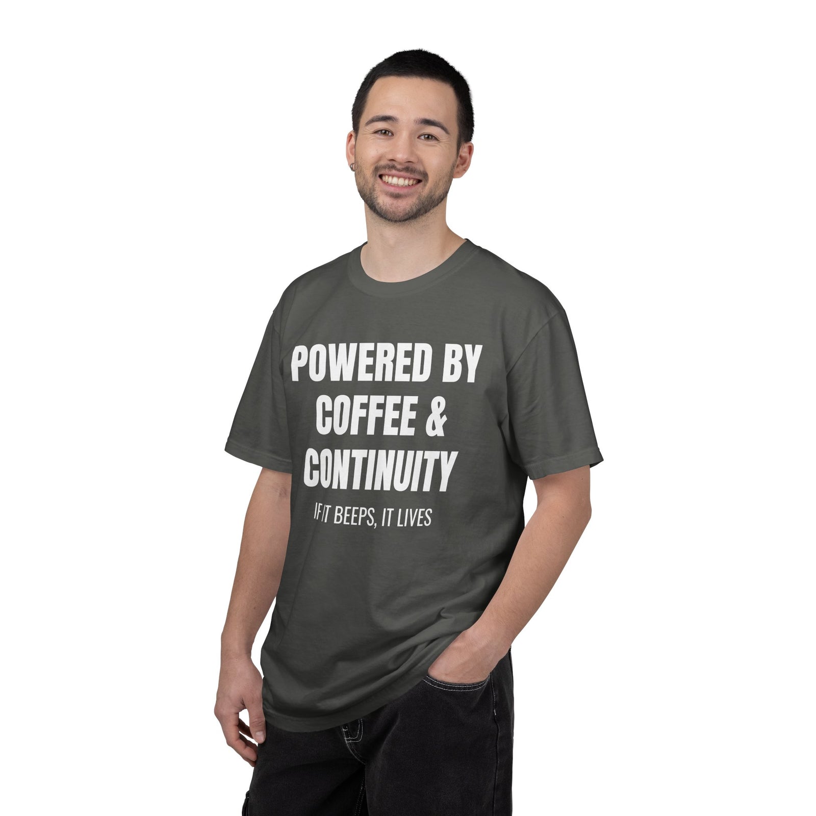Powered by Coffee and Continuity Shirt – Funny Electronics Repair T-Shirt