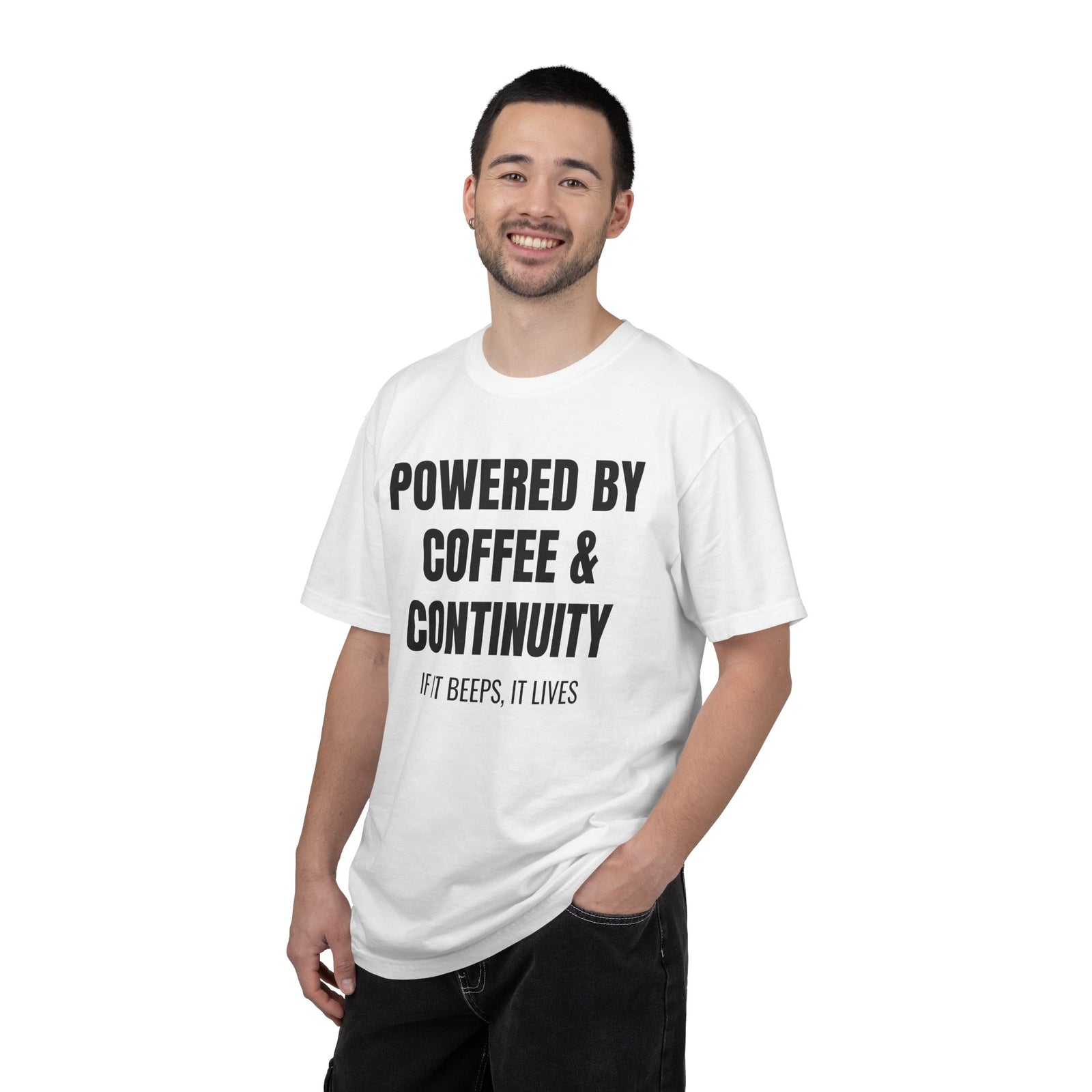 Powered by Coffee and Continuity Shirt – Funny Electronics Repair T-Shirt