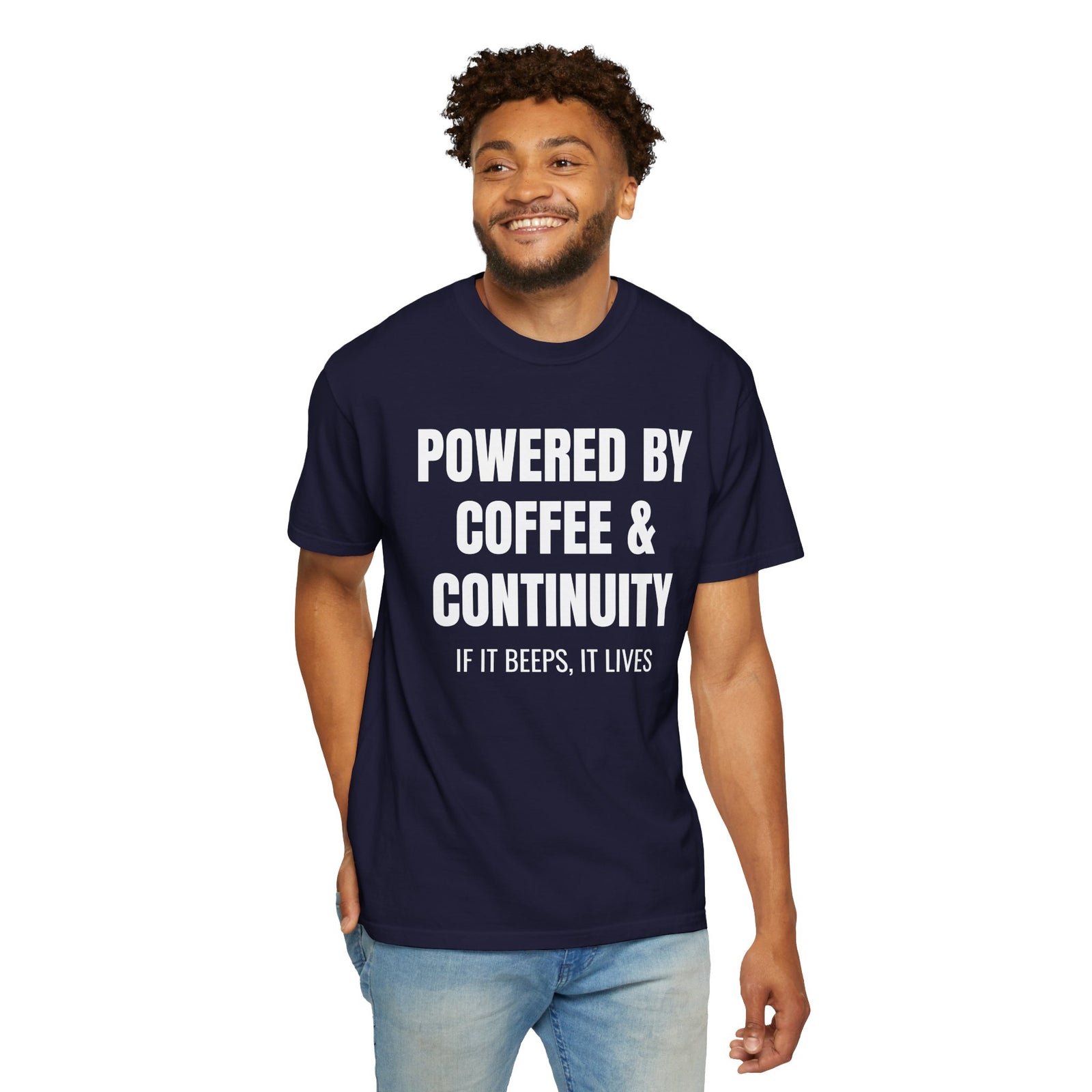 Powered by Coffee and Continuity Shirt – Funny Electronics Repair T-Shirt